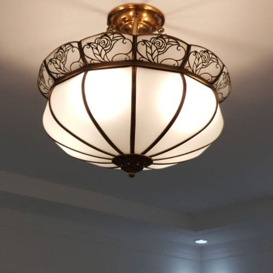 Colonial Brass Flower Semi Flush Lighting with Milky Glass - 5 Lights Bedroom Ceiling Flush Mount