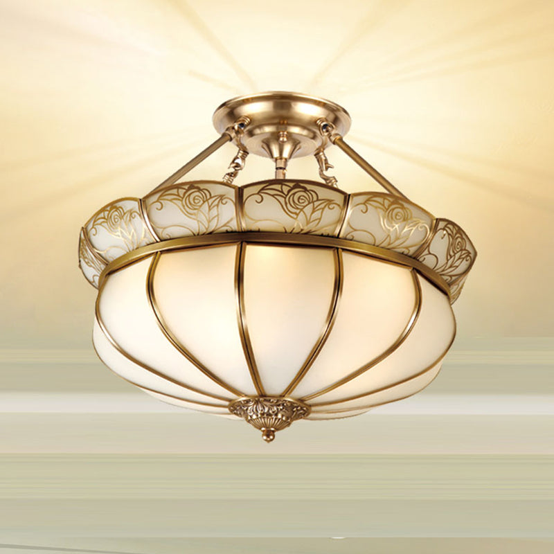 Colonial Brass Flower Semi Flush Lighting with Milky Glass - 5 Lights Bedroom Ceiling Flush Mount