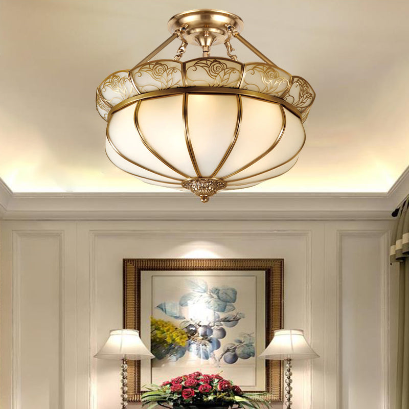 Colonial Brass Flower Semi Flush Lighting with Milky Glass - 5 Lights Bedroom Ceiling Flush Mount