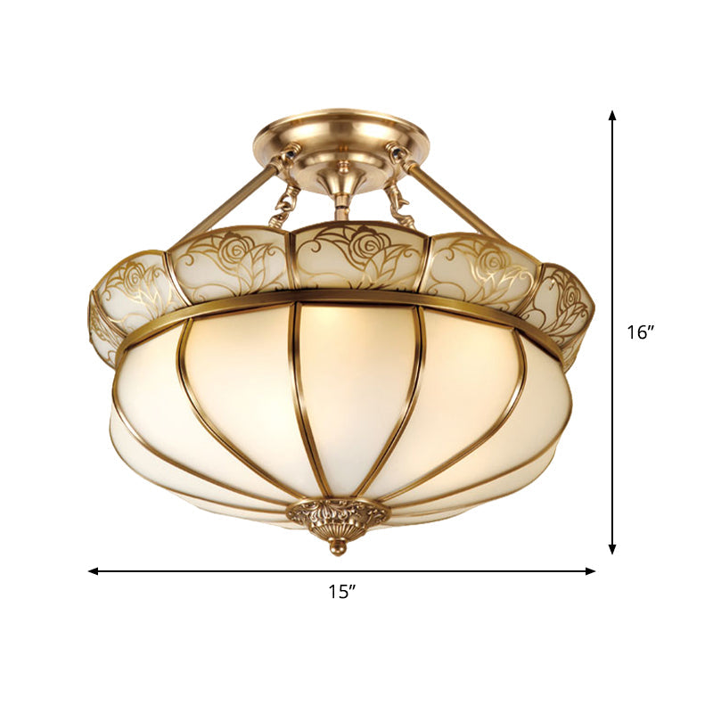 Colonial Brass Flower Semi Flush Lighting with Milky Glass - 5 Lights Bedroom Ceiling Flush Mount