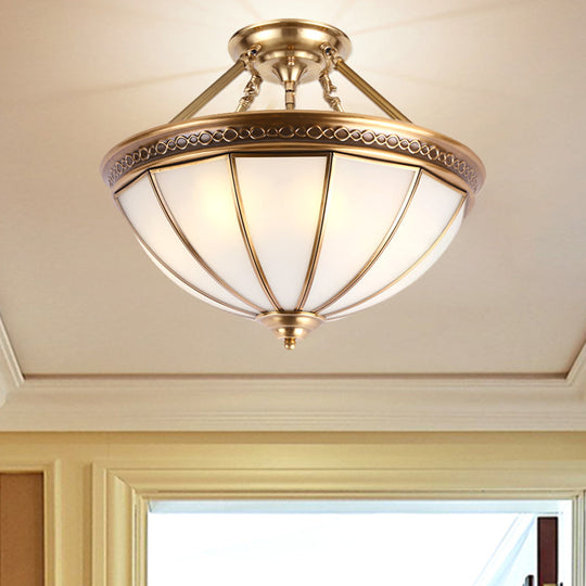 Colonial Brass Dome Shade Opal Glass Semi Flushlight - 3-Light Ceiling Mounted Fixture