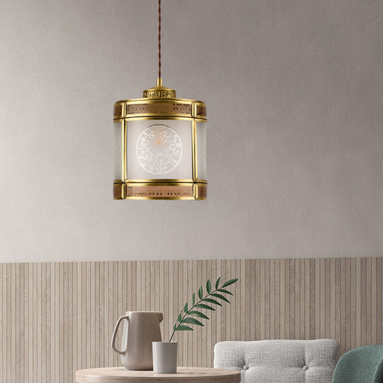 Frosted Glass Pendant Lamp: Traditional 1-Light Ceiling Light In Brass With Metal Frame