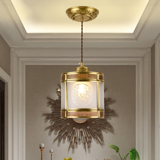 Frosted Glass Pendant Lamp: Traditional 1-Light Ceiling Light In Brass With Metal Frame