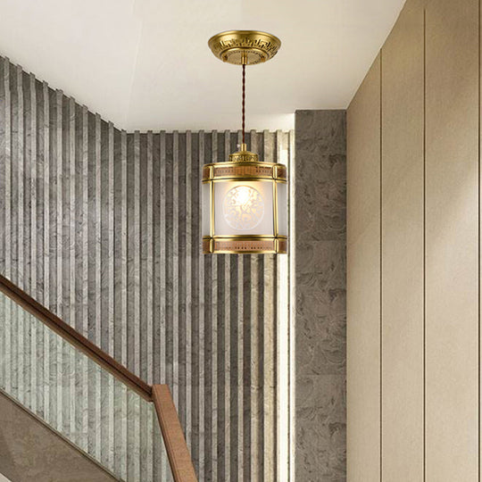 Frosted Glass Pendant Lamp: Traditional 1-Light Ceiling Light In Brass With Metal Frame