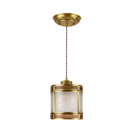 Frosted Glass Pendant Lamp: Traditional 1-Light Ceiling Light In Brass With Metal Frame