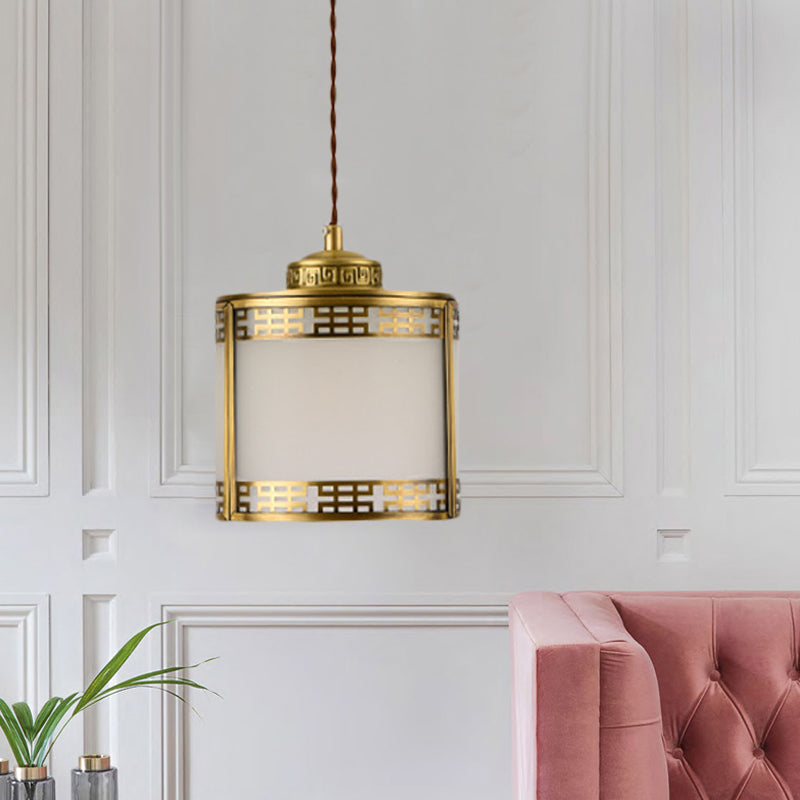 Frosted Glass Pendant Lamp: Traditional 1-Light Ceiling Light In Brass With Metal Frame