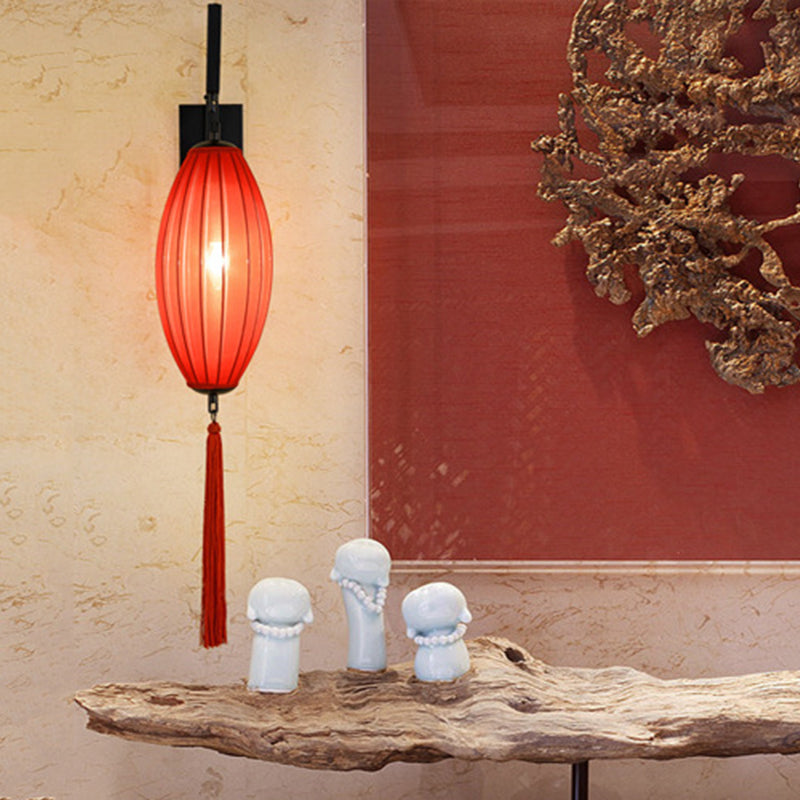 Red Metal Wall Sconce With Oval Fabric Shade For Tea House - Classic Style Lighting Fixture