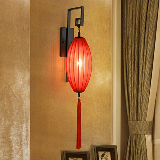 Red Metal Wall Sconce With Oval Fabric Shade For Tea House - Classic Style Lighting Fixture