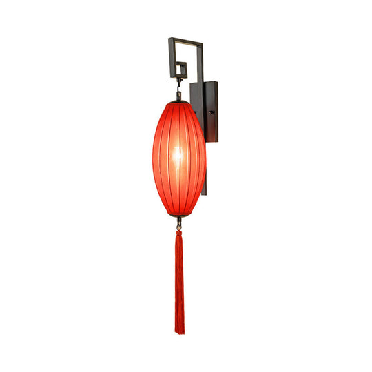 Red Metal Wall Sconce With Oval Fabric Shade For Tea House - Classic Style Lighting Fixture