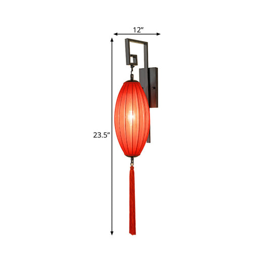 Red Metal Wall Sconce With Oval Fabric Shade For Tea House - Classic Style Lighting Fixture