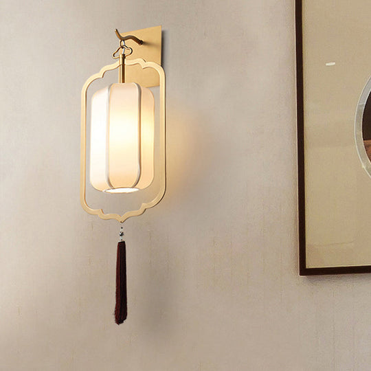 Traditional Style Metal Lantern Sconce Light In Gold - Bedside Wall Mount Lamp