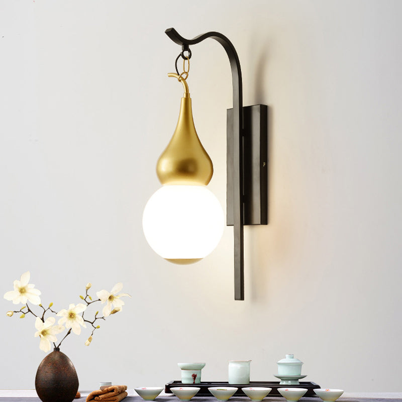 Classic Black Wall Mount Sconce - 1 Light Metal Gourd Shape Perfect For Bedside Use