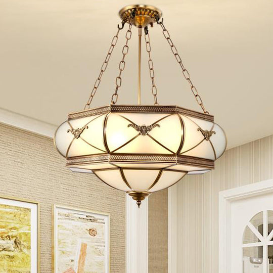 Traditional Brass 4-Headed Flush Mount Lamp With Opal Glass Drum Shade