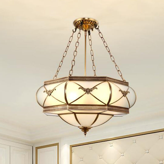 Traditional Brass Semi Flush Mount Ceiling Lamp with Opal Glass Drum – 4 Lights