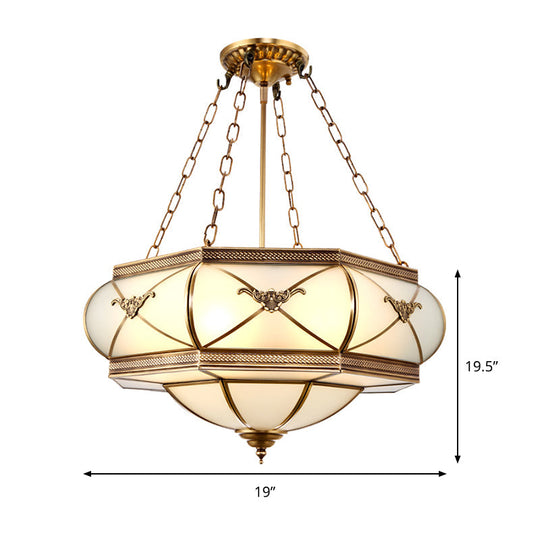 Traditional Brass Semi Flush Mount Ceiling Lamp with Opal Glass Drum – 4 Lights