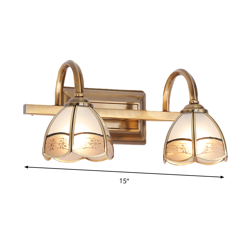 Traditional Brass Wall Sconce With Frosted Glass Dome Shade - 2/3 Bulb Vanity Light Fixture