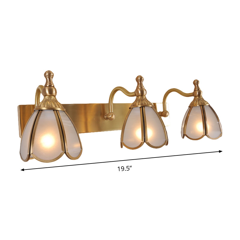 Brass Flower Wall Sconce With Frosted Opal Glass - 1/2/3 Lights Rural Bathroom Vanity Lighting