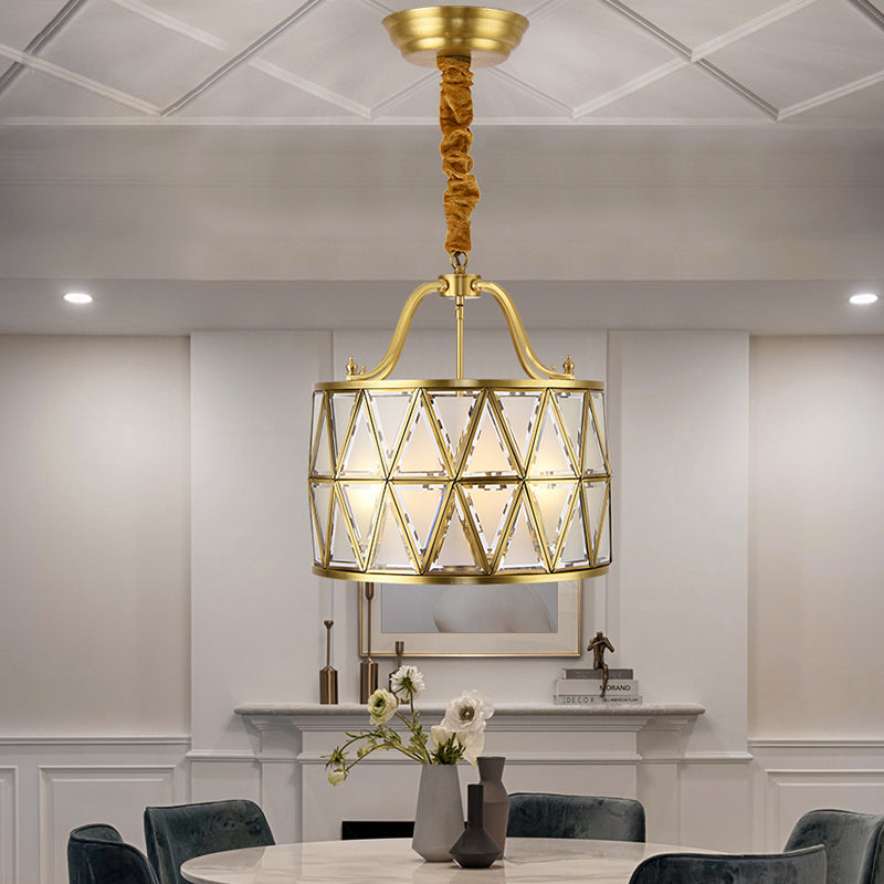 Traditional Frosted Glass Drum Chandelier Pendant - 4/6 Lights 16/19 Wide Gold Perfect For Dining