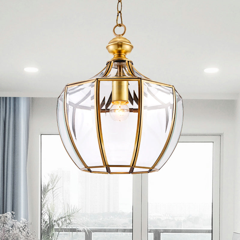 Traditional Gold Urn Pendant Light - Clear Glass 1 Head Suspended In Corridor