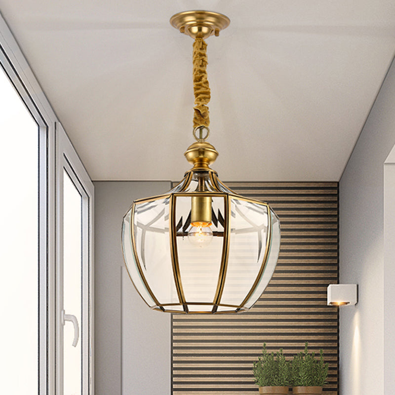 Traditional Gold Urn Pendant Light - Clear Glass 1 Head Suspended In Corridor