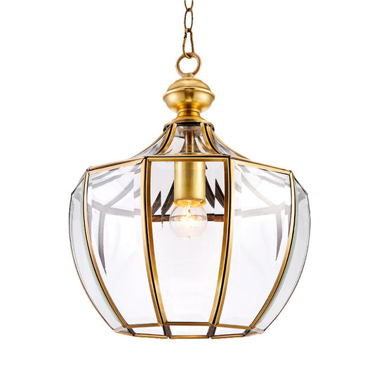 Traditional Gold Urn Pendant Light - Clear Glass 1 Head Suspended In Corridor