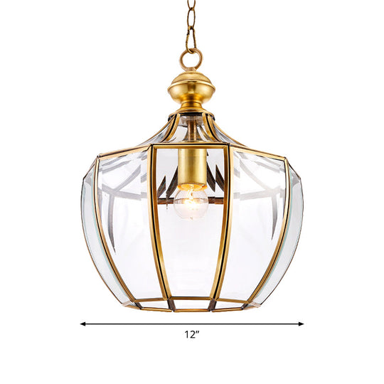 Traditional Gold Urn Pendant Light - Clear Glass 1 Head Suspended In Corridor