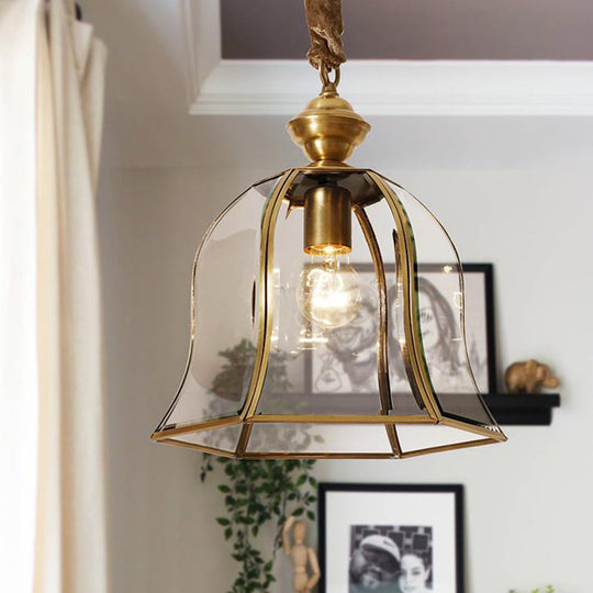 Traditional Brass Glass Pendant Lamp For Dining Room - Bell Hanging Ceiling Lighting