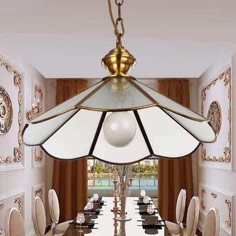 Traditional Gold Flared Suspension Pendant Lamp With Frosted Glass For Dining Room