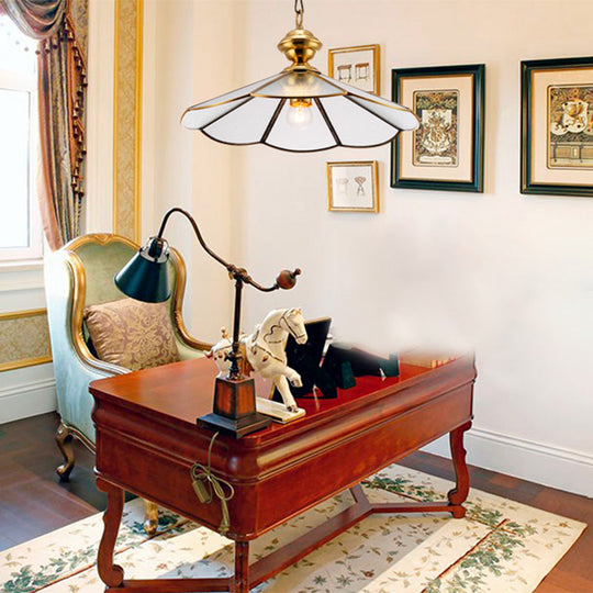 Traditional Gold Flared Suspension Pendant Lamp With Frosted Glass For Dining Room