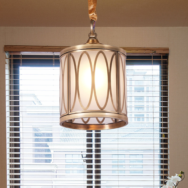 Opal Glass Hallway Pendant Light With Rural Charm - Cylindrical 1-Head Suspended Lamp Brass / Oval