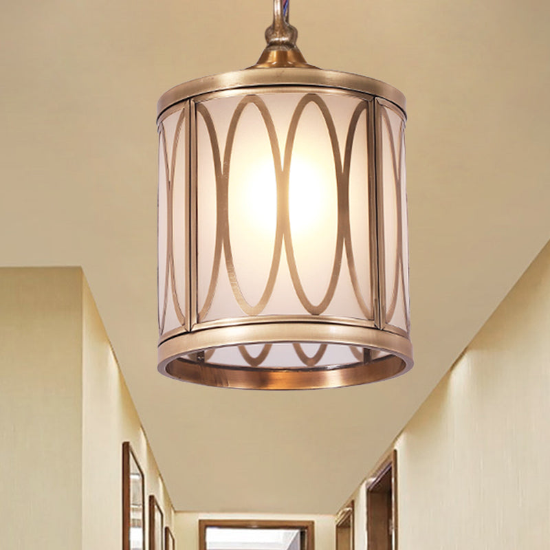 Opal Glass Hallway Pendant Light With Rural Charm - Cylindrical 1-Head Suspended Lamp