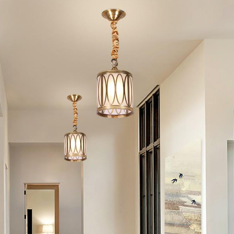 Opal Glass Hallway Pendant Light With Rural Charm - Cylindrical 1-Head Suspended Lamp