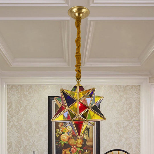 Red Stained Glass Star Pendant Light For Traditional Dining Room