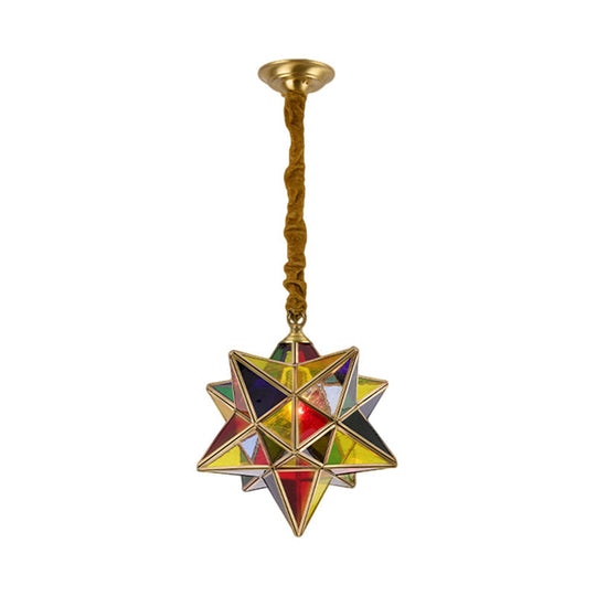 Red Stained Glass Star Pendant Light For Traditional Dining Room