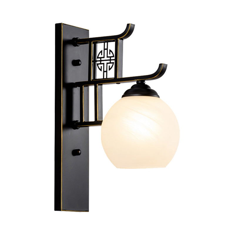 Opal Glass Spherical Bedside Sconce - Classic 1-Light Black Wall Mounted Lamp