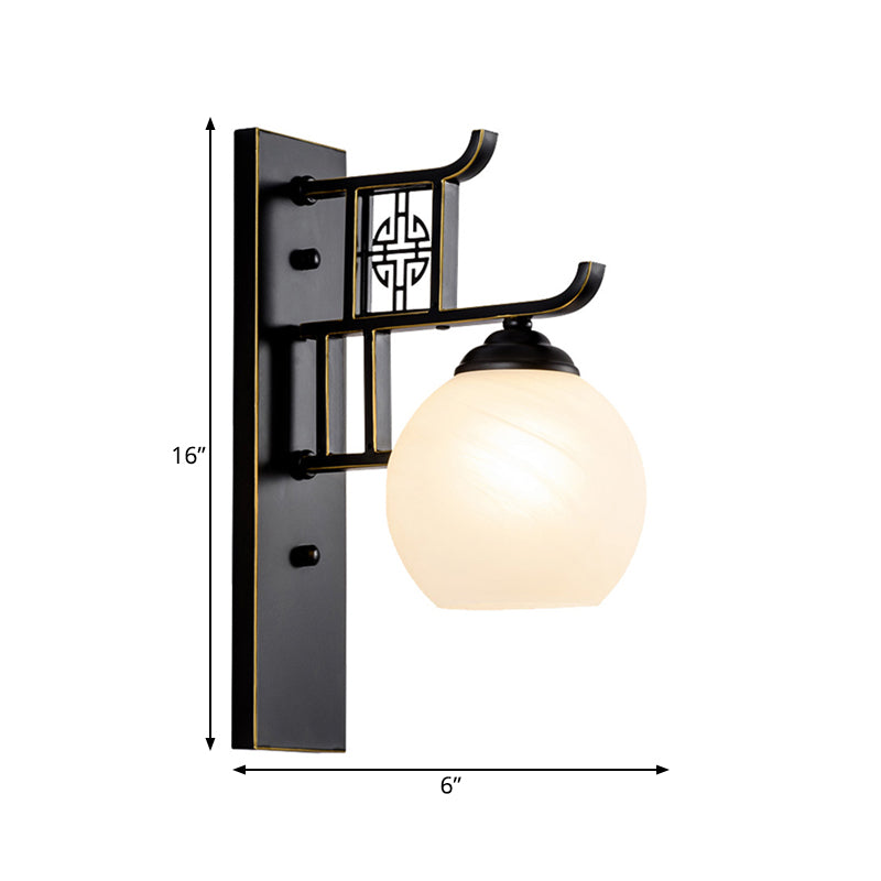 Opal Glass Spherical Bedside Sconce - Classic 1-Light Black Wall Mounted Lamp