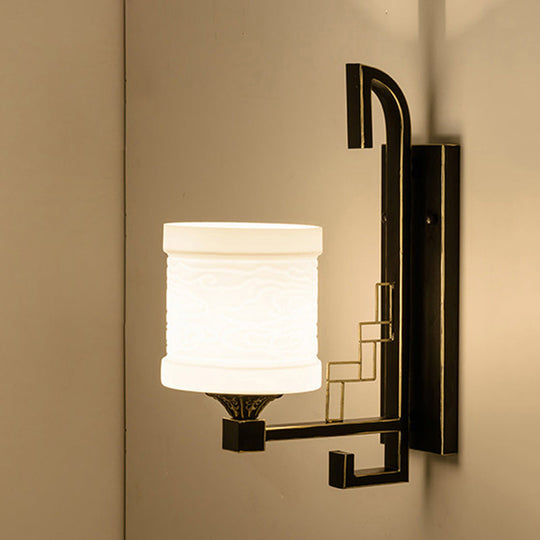 Black Wall Mounted Traditional Metal Cylinder Sconce With Fabric Shade - Perfect For Corridors