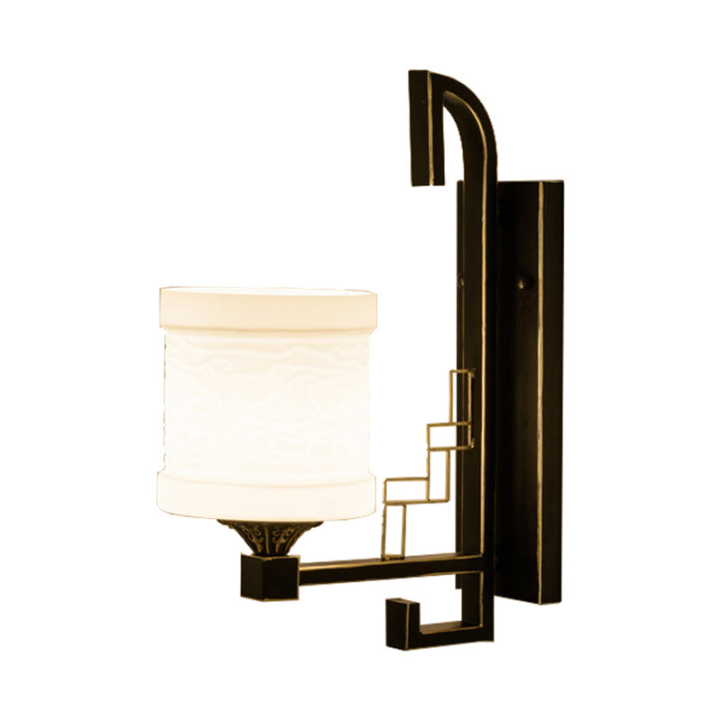 Black Wall Mounted Traditional Metal Cylinder Sconce With Fabric Shade - Perfect For Corridors