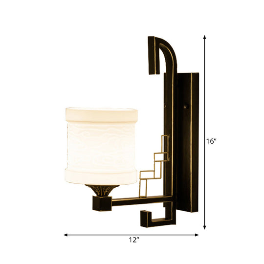 Black Wall Mounted Traditional Metal Cylinder Sconce With Fabric Shade - Perfect For Corridors