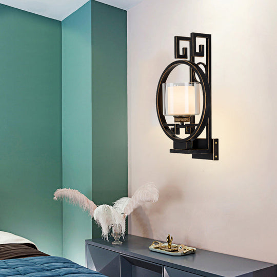 Black Cylinder Wall Light Fixture: Classic Clear Glass Sconce With Metal Circle - 1 For Corridor