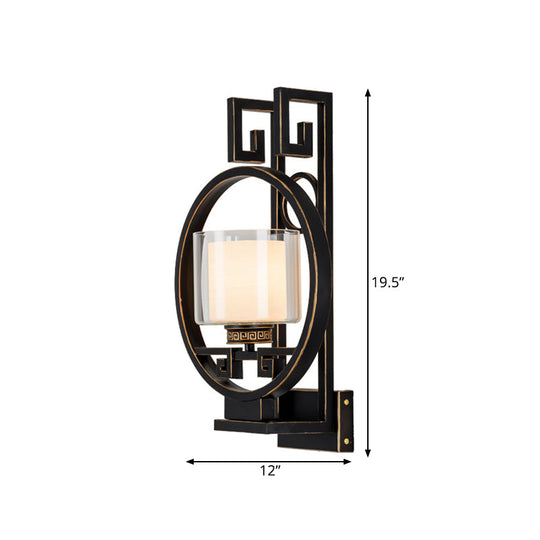 Black Cylinder Wall Light Fixture: Classic Clear Glass Sconce With Metal Circle - 1 For Corridor