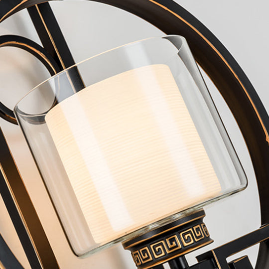 Black Cylinder Wall Light Fixture: Classic Clear Glass Sconce With Metal Circle - 1 For Corridor