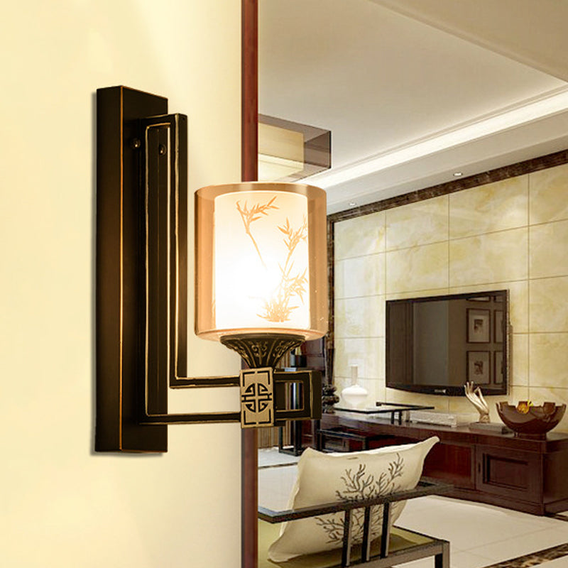 Black Cylinder Wall Light - Traditional Style Amber Glass Sconce For Living Room With Metal