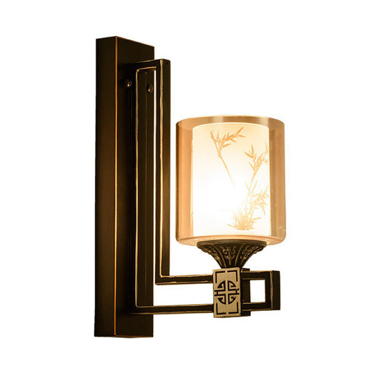 Black Cylinder Wall Light - Traditional Style Amber Glass Sconce For Living Room With Metal