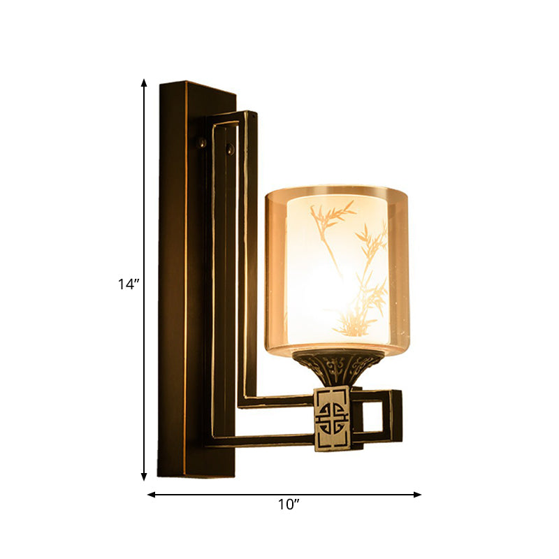 Black Cylinder Wall Light - Traditional Style Amber Glass Sconce For Living Room With Metal