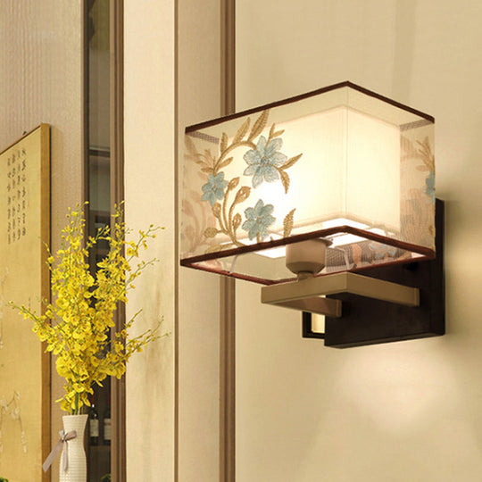 White Metal 1-Light Rectangle Wall Lamp: Classic Bedside Sconce With Flower Pattern