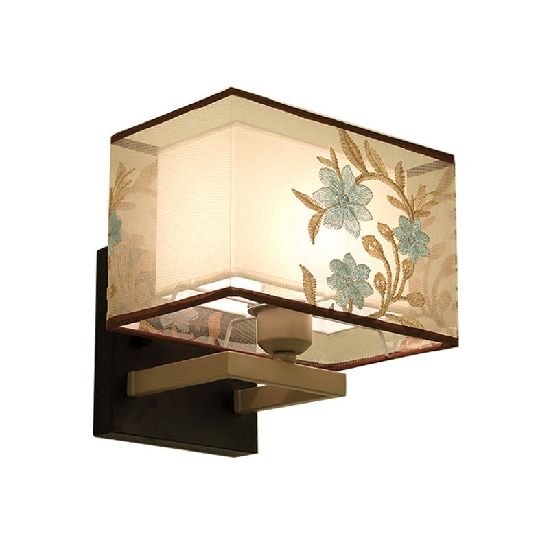 White Metal 1-Light Rectangle Wall Lamp: Classic Bedside Sconce With Flower Pattern