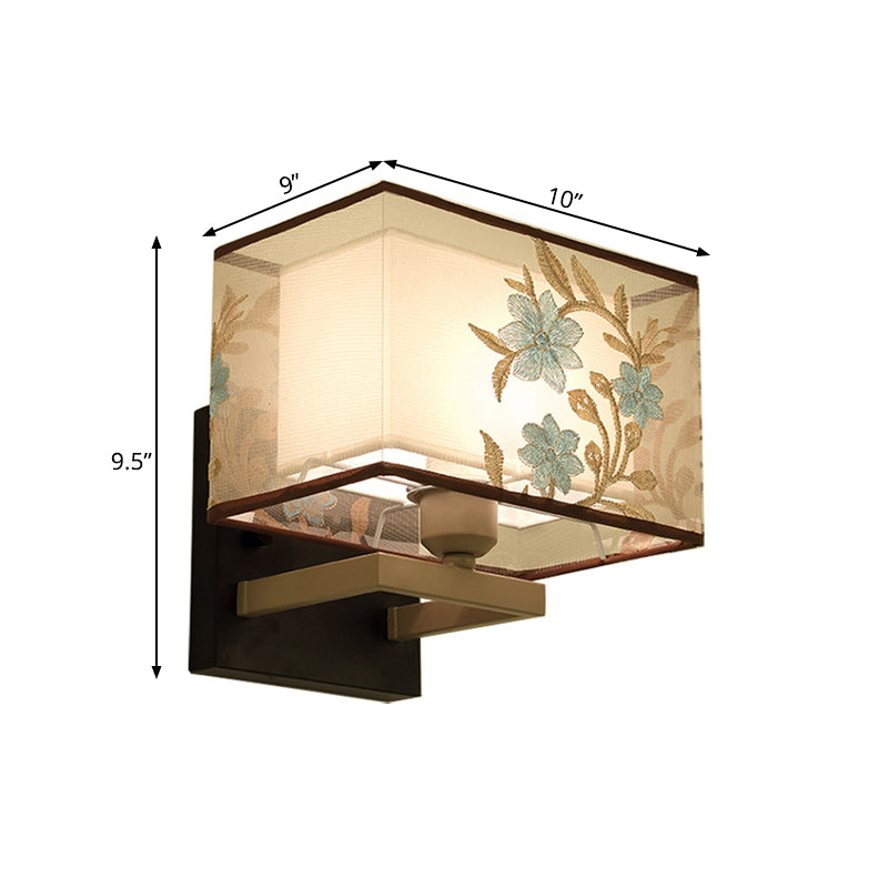 White Metal 1-Light Rectangle Wall Lamp: Classic Bedside Sconce With Flower Pattern