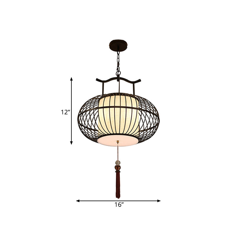 Traditional Cylinder Dining Room Pendant Light - Fabric Shade 12/16/19.5 Wide Black/Gold Hanging