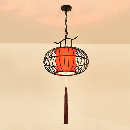 Traditional White/Red Lantern Drop Pendant Ceiling Light For Tea Room - 1 Fabric 16/19.5/23.5 Wide